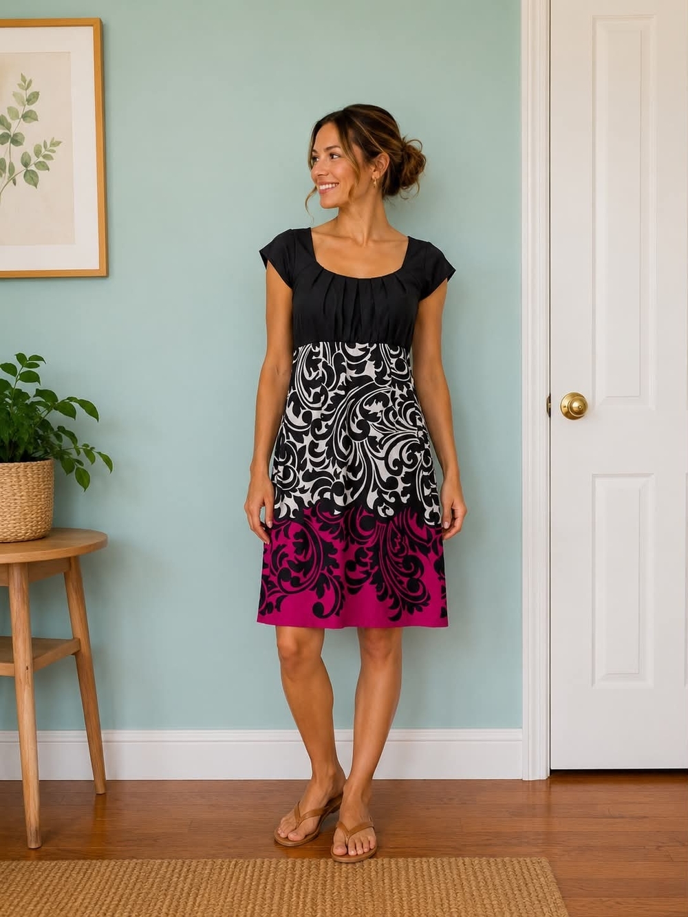 London Times Black Scoop-Neck Midi Dress with Magenta Ornate Hem